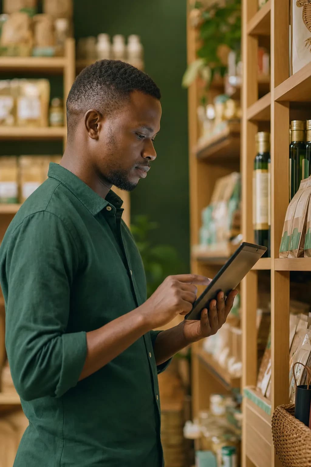 Business owner reviewing inventory on a tablet in a retail shop