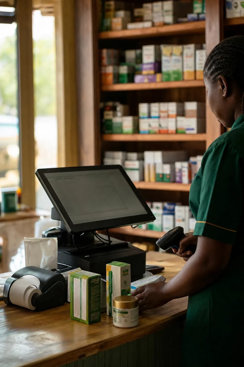 Pharmacy attendant scanning products at a point-of-sale counter