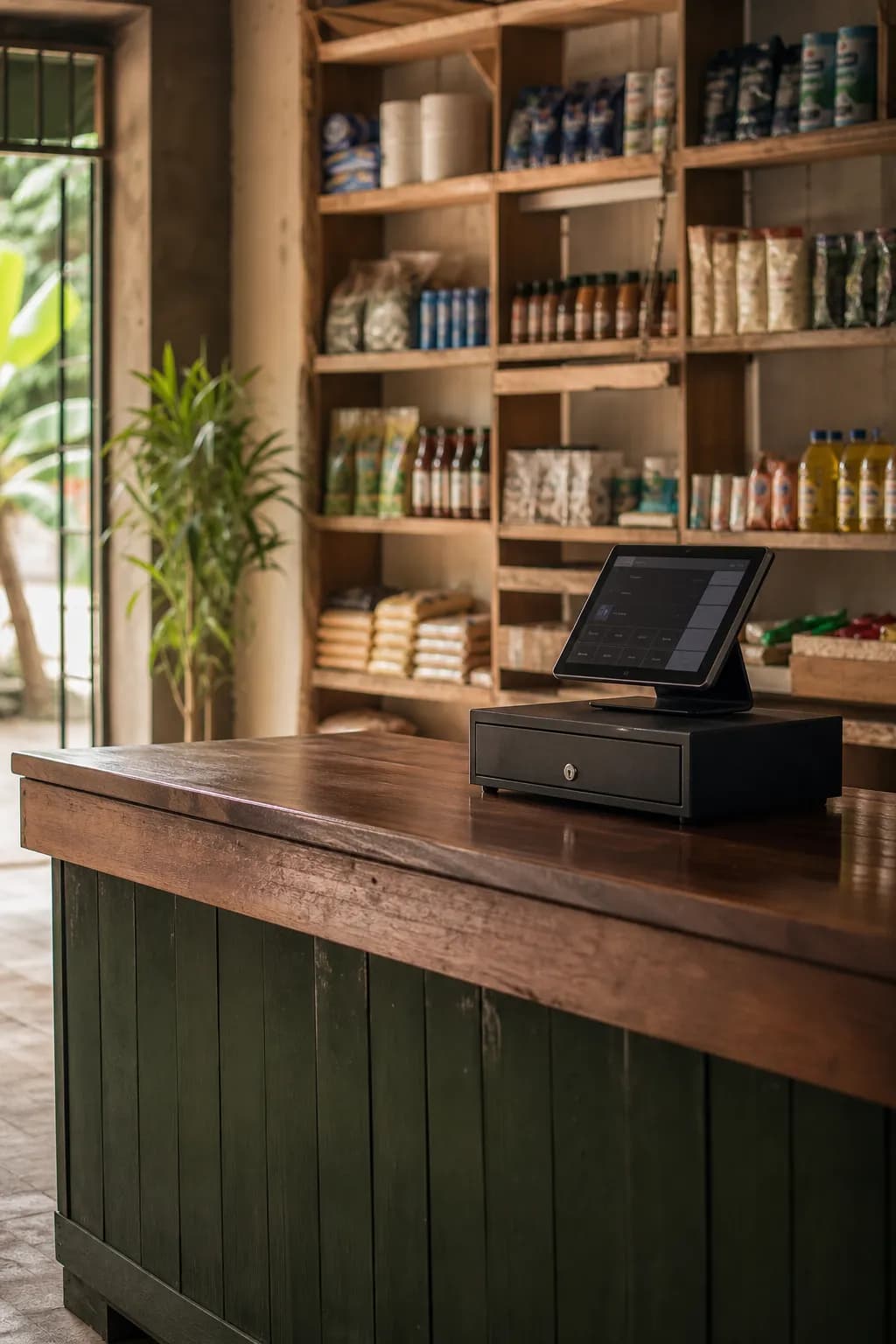 Quiet retail counter with a POS terminal in soft morning light